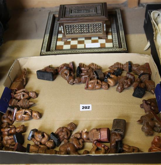 Ivory inlaid chess board, box and chess pieces